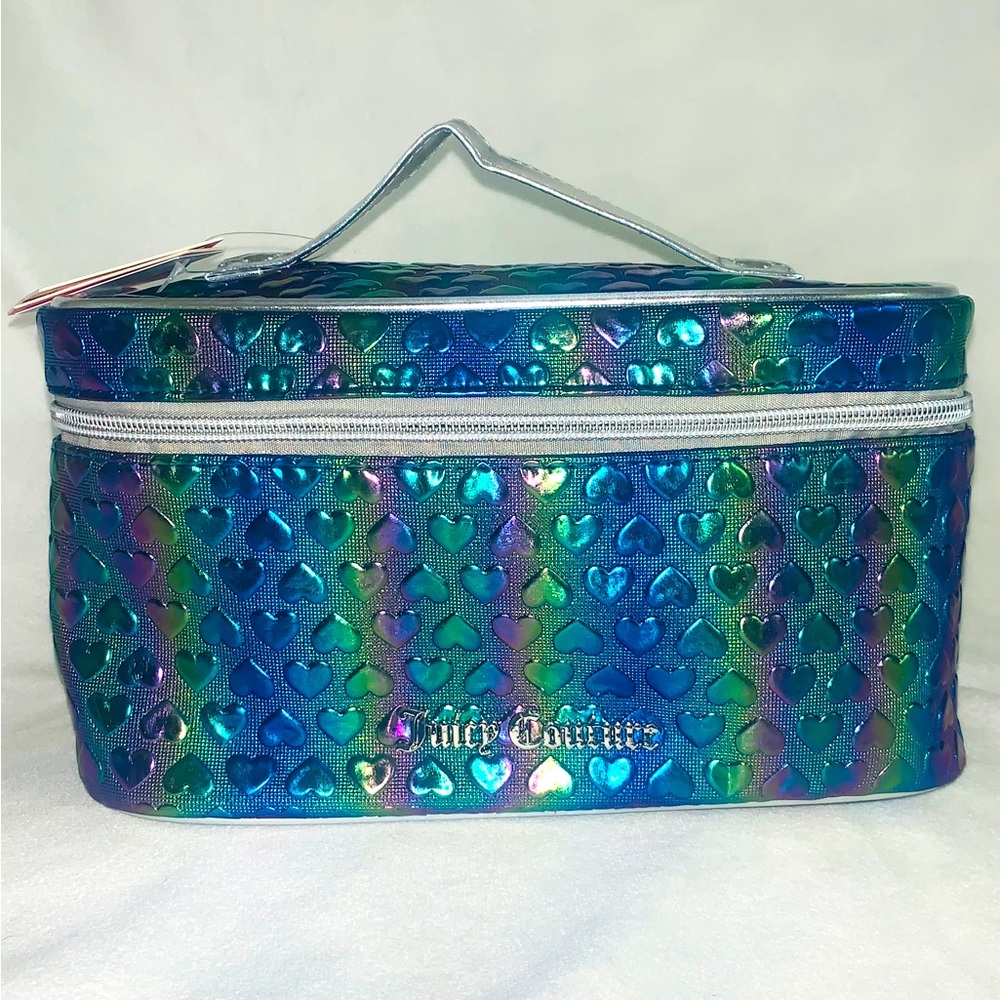 ❤️ Juicy Couture HTF Iridescent Rainbow Blue Hearts Makeup Carry Cosmetic Bag